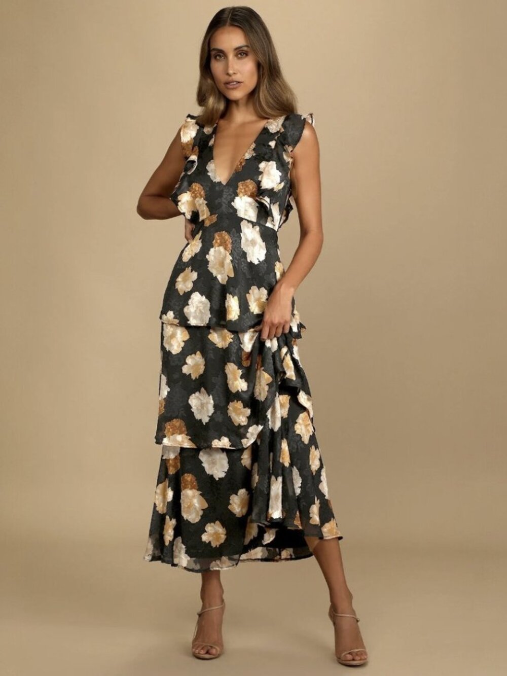 Lulus No Introductions Needed Black Burnout Floral Tiered Maxi Dress​ NWT